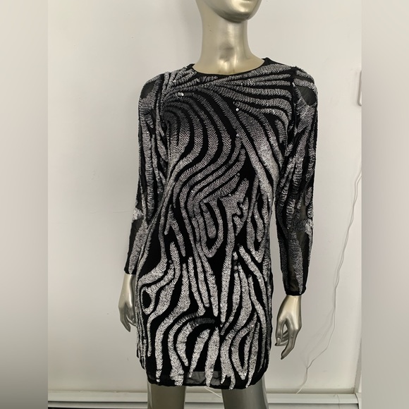 Oleg Cassini Dresses & Skirts - Black silver metallic Beaded sequin Dress long sleeve mini size 6 zebra print